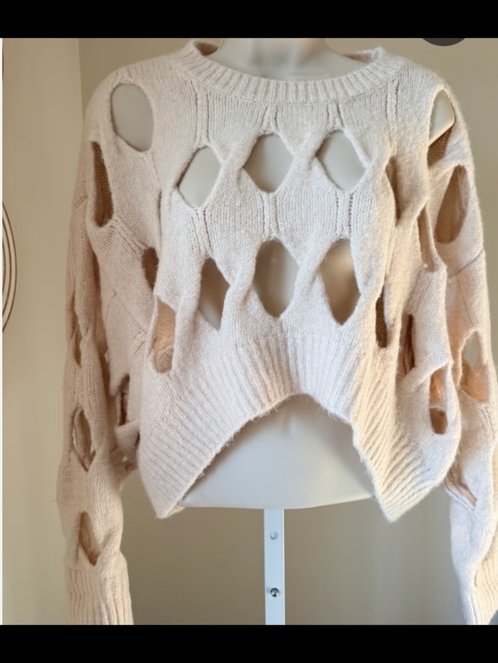 Urban Outfitters Cream Open-Knit Distressed Crewneck Sweater